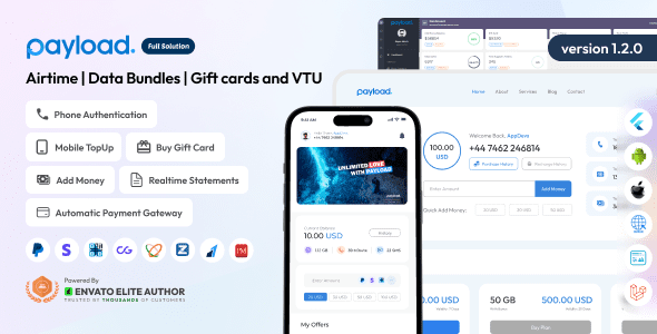 PayLoad 1.2.0 - Airtime | Data Bundles | Gift cards and VTU Full Solution