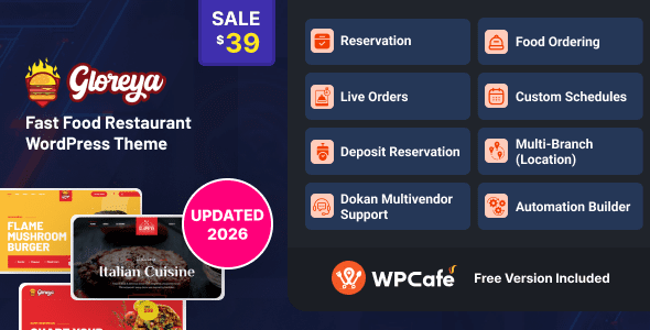 Gloreya 2.0.10 - Food Ordering & Delivery Restaurant WordPress Theme