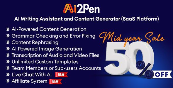 Ai2Pen 4.4 Nulled - AI Writing Assistant and Content Generator (SaaS Platform)