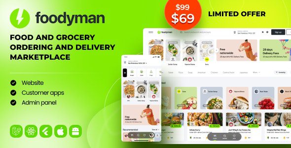 Foodyman - Multi-Restaurant Food and Grocery Ordering and Delivery Marketplace (Web & Customer Apps)