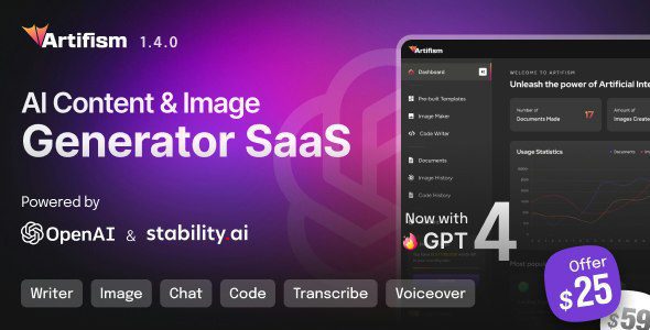 Artifism 2.0.0 - AI Content & Image Generator SaaS